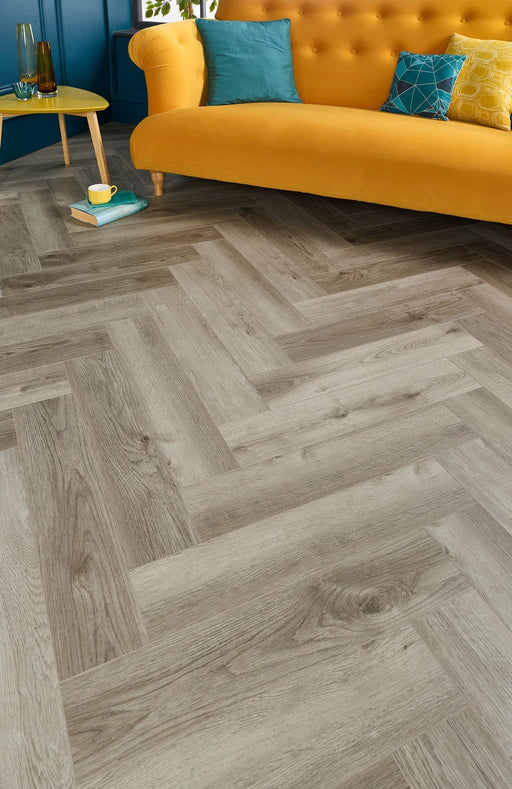 Medium Grey Oak SPC Rigid Core Click Vinyl Herringbone - Newland Floors and Doors