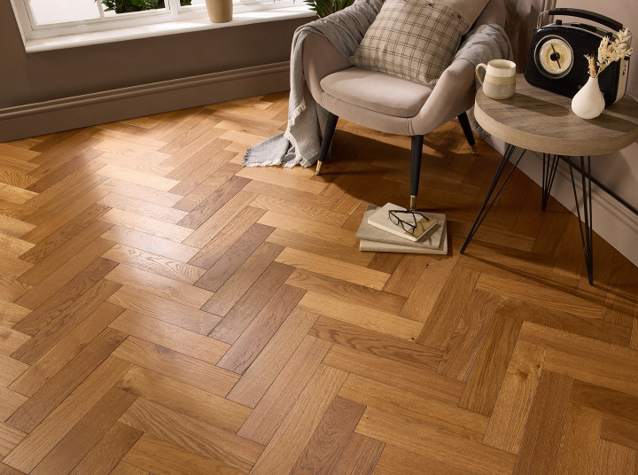 12mm Smoked Brushed & Lacquered Engineered Wood Herringbone Flooring